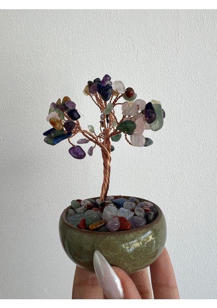 Porselen Saksılı Bolluk Ağacı 7 Çakra Taşı fiyatları