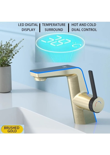 Akıllı Dijital Sıcaklık LED Ekran Banyo Lavabo Bataryası Mat Gold 2 Akış Ayarı Ithal 7 Yıl Garanti