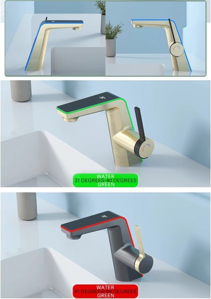 Akıllı Dijital Sıcaklık LED Ekran Banyo Lavabo Bataryası Mat Gold 2 Akış Ayarı Ithal 7 Yıl Garanti modelleri