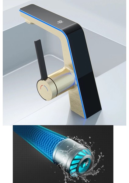 Akıllı Dijital Sıcaklık LED Ekran Banyo Lavabo Bataryası Mat Gold 2 Akış Ayarı Ithal 7 Yıl Garanti indirimleri