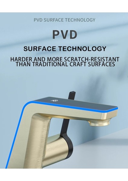 Akıllı Dijital Sıcaklık LED Ekran Banyo Lavabo Bataryası Mat Gold 2 Akış Ayarı Ithal 7 Yıl Garanti