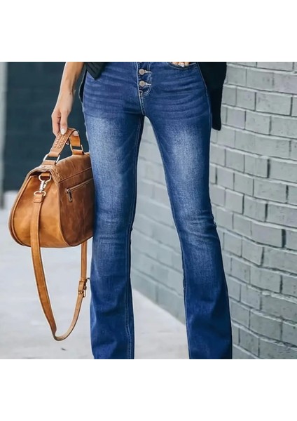 Kadın Yüksek Bel Önden Düğmeli Cep Detay Ispanyol Paça Denim Pantolon