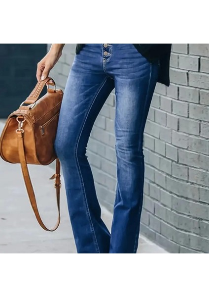 Kadın Yüksek Bel Önden Düğmeli Cep Detay Ispanyol Paça Denim Pantolon modelleri