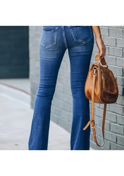 Kadın Yüksek Bel Önden Düğmeli Cep Detay Ispanyol Paça Denim Pantolon fırsatları