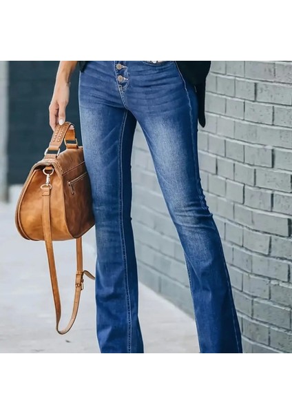 Kadın Yüksek Bel Önden Düğmeli Cep Detay Ispanyol Paça Denim Pantolon indirimleri
