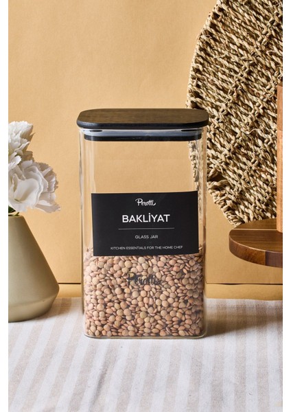 Porter Siyah Kapak Borosilikat Dikdörtgen Cam Kavanoz 1500 ml 8X12X20 cm 4 Adet Etiketli