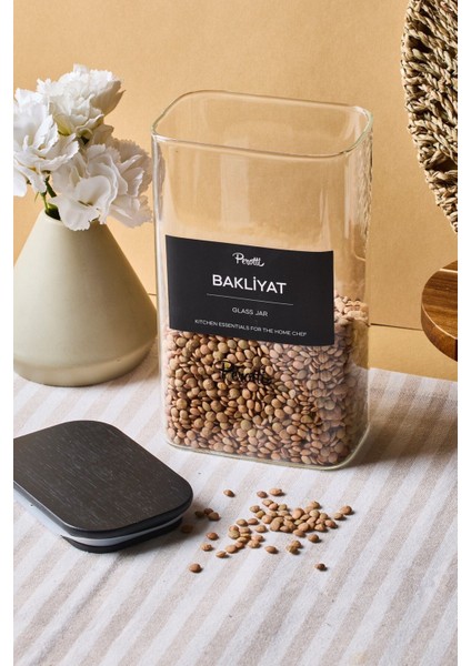 Porter Siyah Kapak Borosilikat Dikdörtgen Cam Kavanoz 1500 ml 8X12X20 cm 4 Adet Etiketli modelleri