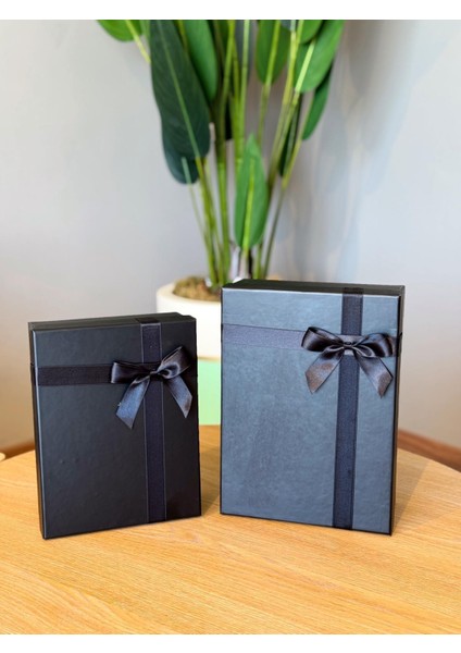 Dekoratif Siyah Fiyonklu Büyük-Orta Boy Kutu Hediye Kutusu Seti