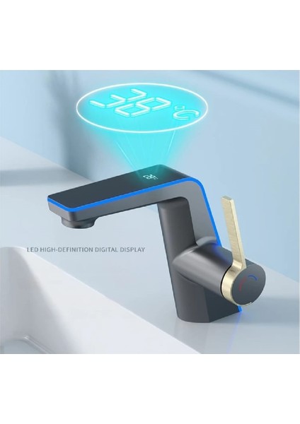 Akıllı Dijital Sıcaklık LED Ekran Banyo Lavabo Bataryası Antrasit Renk Ithal 7 Yıl Garanti