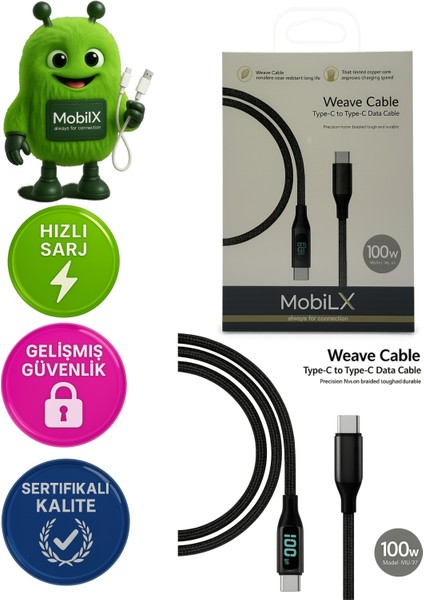 Mobilx 100W Type-C To Type-C Örgülü Şarj ve Data Kablosu – Model: Mu-07 | Dijital Ekranlı