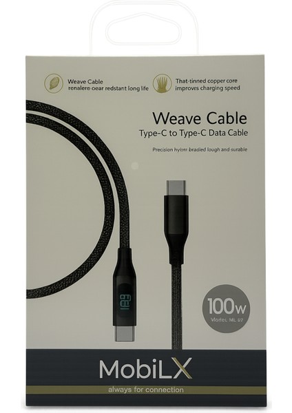 Mobilx 100W Type-C To Type-C Örgülü Şarj ve Data Kablosu – Model: Mu-07 | Dijital Ekranlı fiyatları