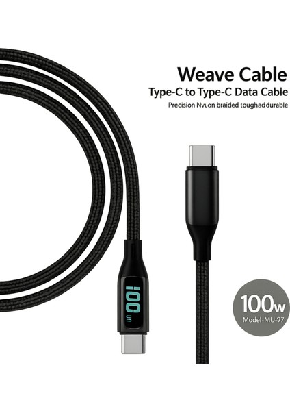 Mobilx 100W Type-C To Type-C Örgülü Şarj ve Data Kablosu – Model: Mu-07 | Dijital Ekranlı modelleri