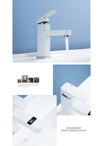 Akıllı Dijital Sıcaklık LED Ekran Banyo Lavabo Bataryası Beyaz Ithal 7 Yıl Garantili