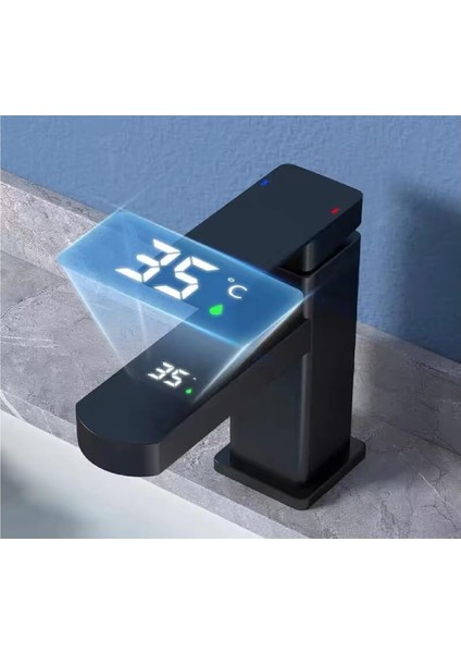 Akıllı Dijital Sıcaklık LED Ekran Banyo Lavabo Bataryası Siyah Gold Ithal 7 Yıl Garantili