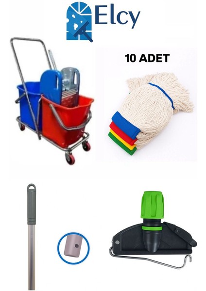 Çift Kovalı Krom Temizlik Arabası Paspas Arabası Sap Mop Aparat (Çelik Pressli) 10 Adetıslakmop