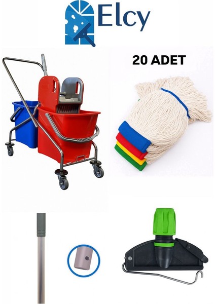 Çift Kovalı Krom Temizlik Arabası Paspas Arabası Sap Mop Aparat (Özel Plastik Presli )