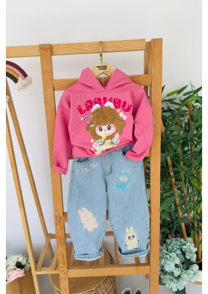 Labubu Welsoft Işleme Kız Çocuk Kapüşonlu kotlu takım - Pembe