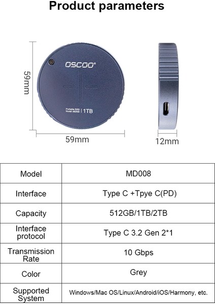 MD008 1 TB 10GBPS (1100/1100MB/sn) Type C +Type C(Pd) Taşınabilir SSD