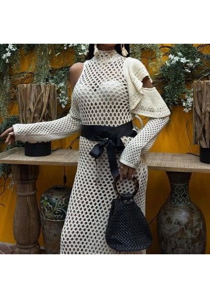 Saten Kuşaklı Ajurlu Triko Elbise 2847