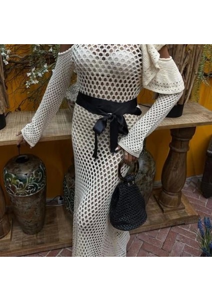 Saten Kuşaklı Ajurlu Triko Elbise 2847 modelleri