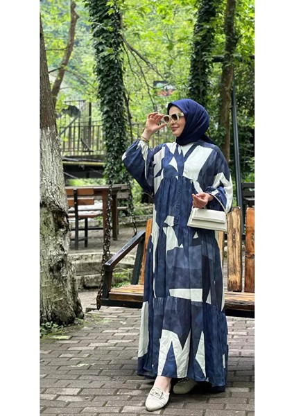 Kadın Mavi Saten Uzun Etnik Desenli Tesettür Elbise fiyatları