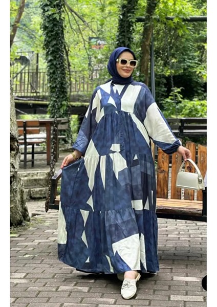 Kadın Mavi Saten Uzun Etnik Desenli Tesettür Elbise modelleri