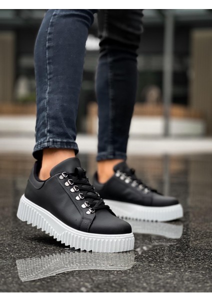 ET0505 Çengel Bağcıklı Siyah Renk Beyaz Tabanlı Günlük Ayakkabı