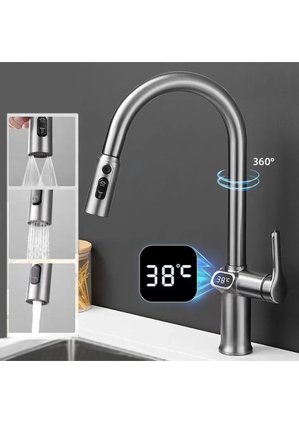 Dijital Mutfak Eviye Bataryası Duş Şelale Antrasit 3 Fonksiyonlu Fiskiyeli Ithal 7 Yıl Garantili