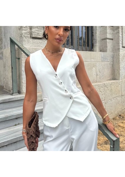 Kadın Sıfır Kollu Çapraz V Yakalı Önden Düğmeli Atlas Yelek ve Pantolon Ikili Takım fiyatları