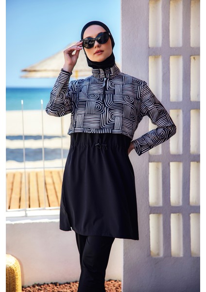 Önü Kapaklı Tam Kapalı Tesettür Mayo SIYAH08 R5208 Labire modelleri