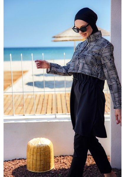 Önü Kapaklı Tam Kapalı Tesettür Mayo SIYAH08 R5208 Labire