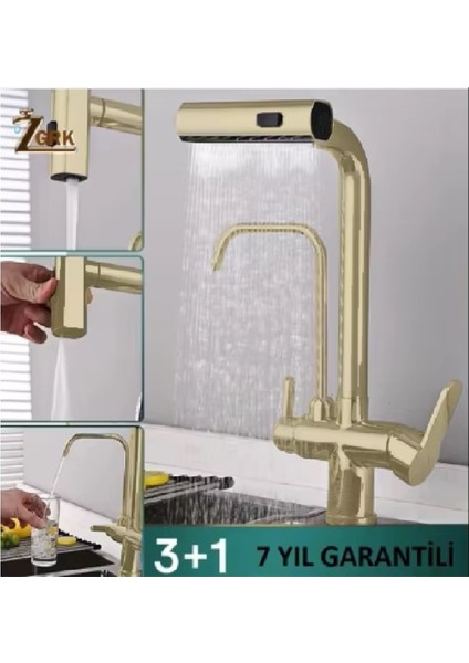 Mutfak Eviye Bataryası Arıtma Çıkışlı Duş Şelale 4 Fonksiyonlu Spiralli Ithal 7yıl Garanti Mat Gold