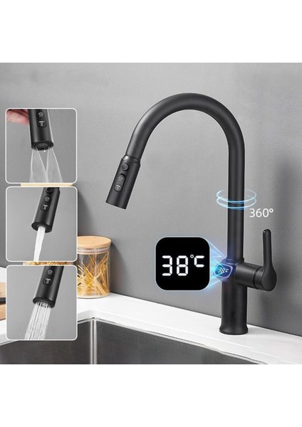 Dijital Mutfak Eviye Bataryası Duş Şelale Antrasit 3 Fonksiyonlu Fiskiyeli Ithal 7 Yıl Garantili