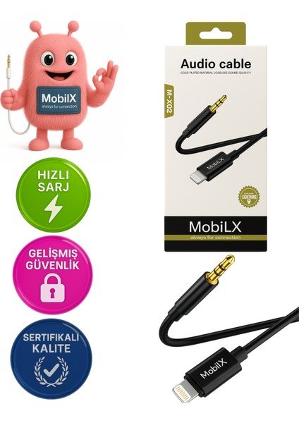 Mobilx M-X02 Lightning To 3.5mm Aux Ses Kablosu – iPhone Uyumlu, Stereo Ses Destekli, Altın Uçlu