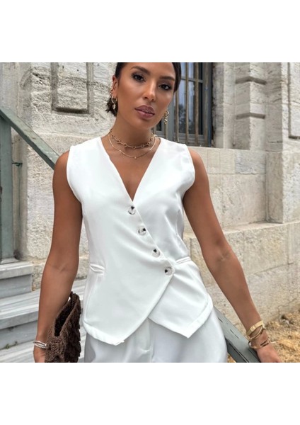 Kadın Sıfır Kollu Çapraz V Yakalı Önden Düğmeli Atlas Yelek ve Pantolon Ikili Takım fırsatları