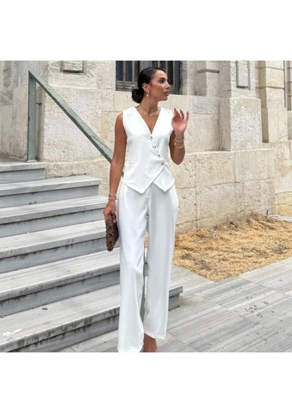 Kadın Sıfır Kollu Çapraz V Yakalı Önden Düğmeli Atlas Yelek ve Pantolon Ikili Takım indirimleri
