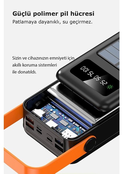 Güneş Enerjili 50.000 Mah Powerbank Kamp Ledli Işıklı Powerbank Kendinden Kablolu Solar 22.5W