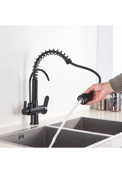 Mutfak Evye Bataryası Dual Flow Su Arıtma Çıkışlı Fiskiyeli Mat Siyah 7 Yıl Garantili Ithal