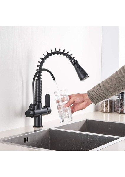 Mutfak Evye Bataryası Dual Flow Su Arıtma Çıkışlı Fiskiyeli Mat Siyah 7 Yıl Garantili Ithal