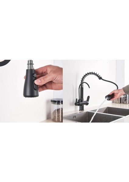 Mutfak Evye Bataryası Dual Flow Su Arıtma Çıkışlı Fiskiyeli Mat Siyah 7 Yıl Garantili Ithal