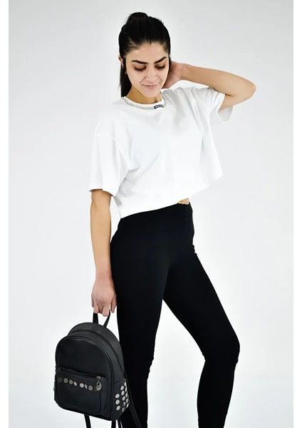 Sıfır Yaka Taş Detaylı T-Shirt