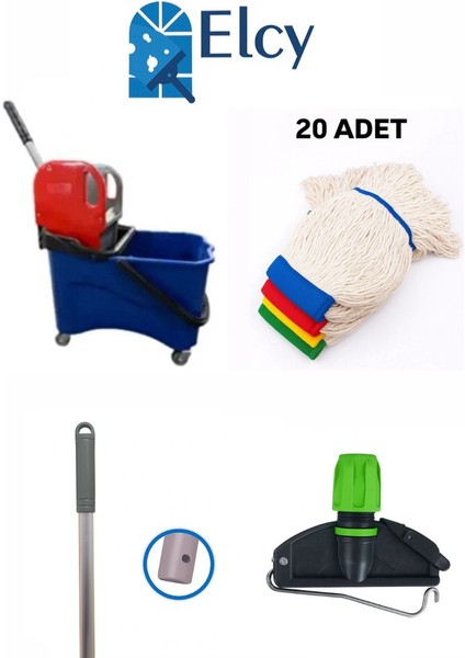 Tek Kovalı Plastik Temizlik Arabası ve Paspas Arabası Temizlik Seti Plastik - 20 Adet Islak Mop