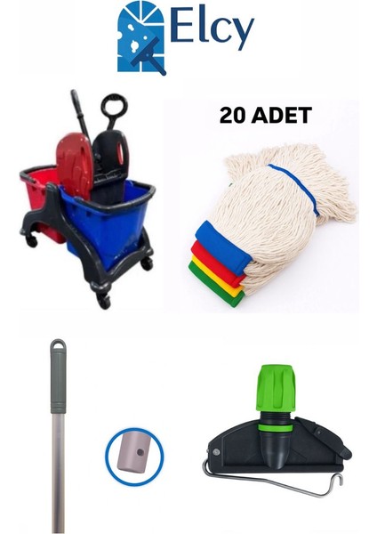 Çift Kovalı Temizlik Arabası Plastik Paspas Arabası Sap Mop Aparat 20 Adet Islakmop