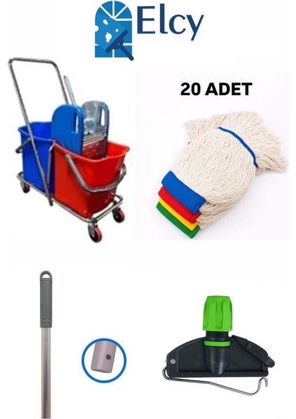 Çift Kovalı Krom Temizlik Arabası Paspas Arabası Sap Mop Aparat (Çelik Pressli) 20 Adet Islak Mop