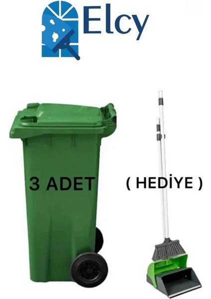 3 Adet Yeşil Plastik Çöp Konteyneri 120 Lt Isıya Karşı Dayanıklı