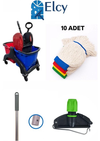 Çift Kovalı Plastik Temizlik Arabası Paspas Arabası Islak Mop Seti 10 Adet Islak Mop