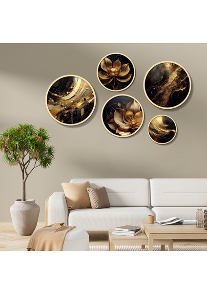 Yuvarlak Ahşap Çerçeveli Siyah ve Altın Renkli Soyut Çiçekler Tablo Seti