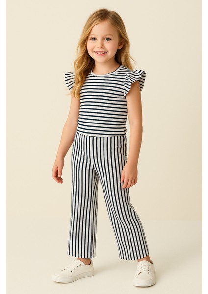 Kız Çocuk Lacivert Fırfır Kollu Bluz Pantolon Çizgili Takım, Çocuk Alt Üst Takım