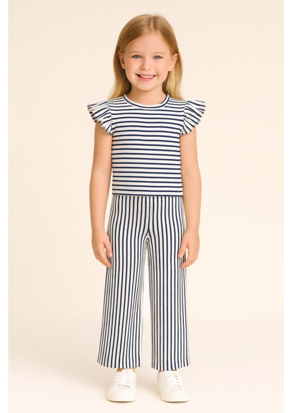 Kız Çocuk Lacivert Fırfır Kollu Bluz Pantolon Çizgili Takım, Çocuk Alt Üst Takım fiyatları