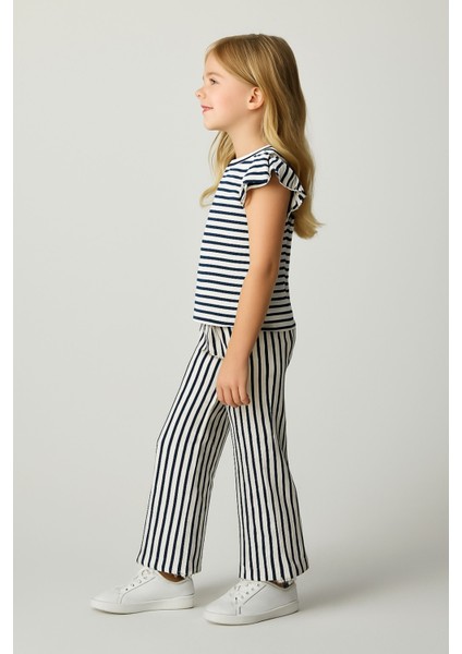Kız Çocuk Lacivert Fırfır Kollu Bluz Pantolon Çizgili Takım, Çocuk Alt Üst Takım modelleri